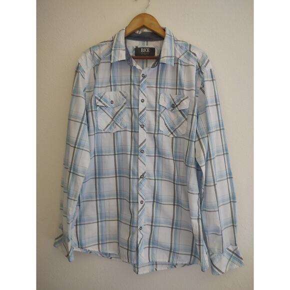 BKE Blue White Grey Green Plaid Long Sleeve Button Front Embroidered Pockets XL - Picture 1 of 11